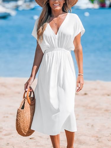 CUPSHE Women Beach Cover Up V Neck Short Sleeve Striped Midi Swimsuit Coverup Dress XS-XXL