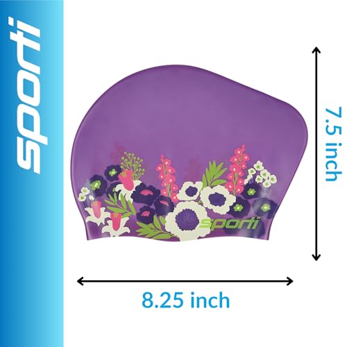 Sporti Silicone Swim Cap for Bun Long Hair Unisex Adult Protection Bathing Cap Anti-Slip Interior Grip, H 7.5" Opening 8.25"