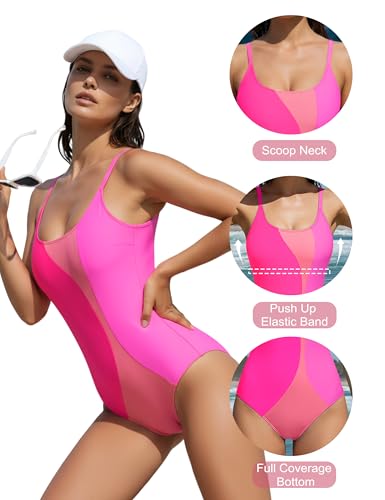 BMJL Womens One Piece Swimsuit Sports Full Coverage Bathing Suit Color Block Slimming Tummy Control Swimming Suits