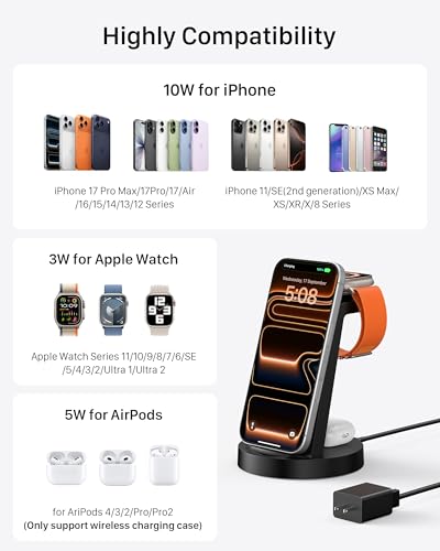 Anlmz 3 in 1 Charging Station for iPhone, Wireless Charger for iPhone 17 16e 16 15 14 13 12 11 X Pro Max & Apple Watch - W...