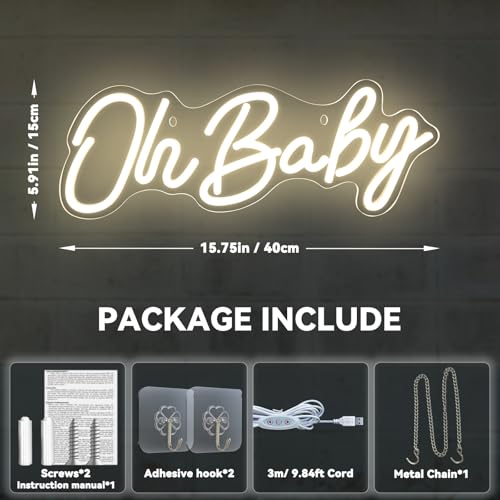 Oh Baby Neon Sign for Backdrop Wall Decor, Dimmable LED Neon Light for Backdrop Baby Shower, Birthday, Bedroom Christmas B...