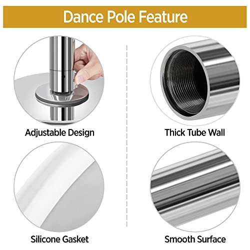 Yaheetech Dance Pole Portable Dancing Pole Height Adjustable 6.9ft-9ft Static Spinning Pole for Apartment, Silver/Argent