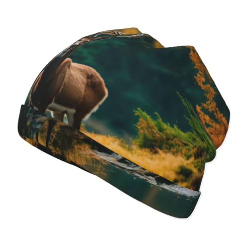 Bkdogkt Deer Bear Moose Print Beanie Hat Soft Thermal Cap Winter Headwear for Cold Indoor Outdoor Activities Black