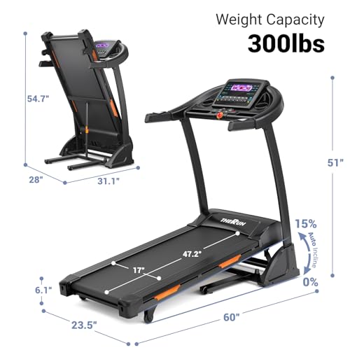 THERUN Incline Treadmill for Running and Walking, 300 lbs Weight Capacity Folding Treadmill with 0-15% Auto Incline, Wide ...