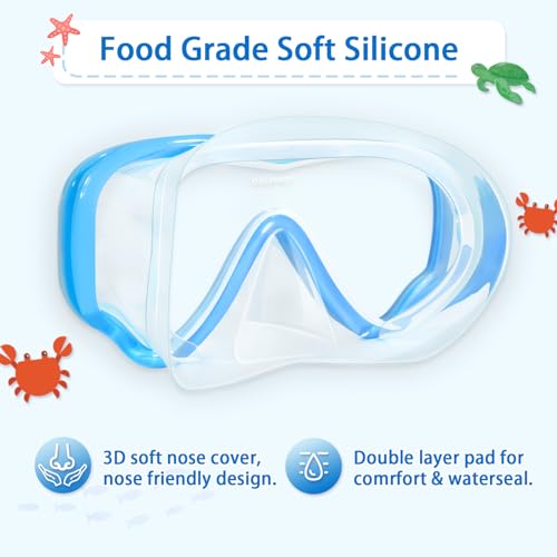 Freela Kids Swim Goggles Diving Mask for Youth 6-14, Tempered Glass Lens, 180° HD View Goggles with Nose Cover for Pool Beach