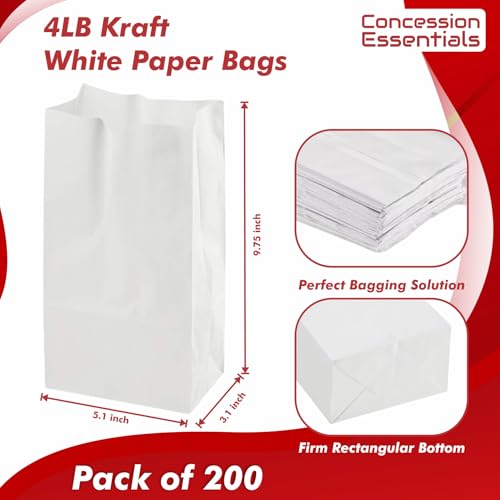 Concession Essentials White Paper Lunch Bags, 4 lb, 200 Count, for Crafts and Holiday Cookies
