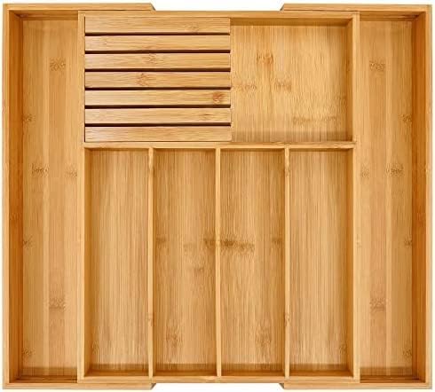 NEW Bamboo Wood Drawer Organizer with Silverware and Knife Block - 12.75-22 x 17 x 2 In (Brown)