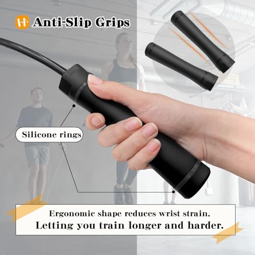 FEELCAT Weighted Jump Rope for Workout Fitness(1.1LB), 10MM Solid PVC Rope,Tangle-Free Ball Bearing Rapid Speed Skipping R...