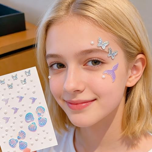 140 pcs Mermaid Face Gems & Seashell Rhinestones -Waterproof Self-Adhesive Face Jewels for Festival, Rave, Cosplay, Body A...