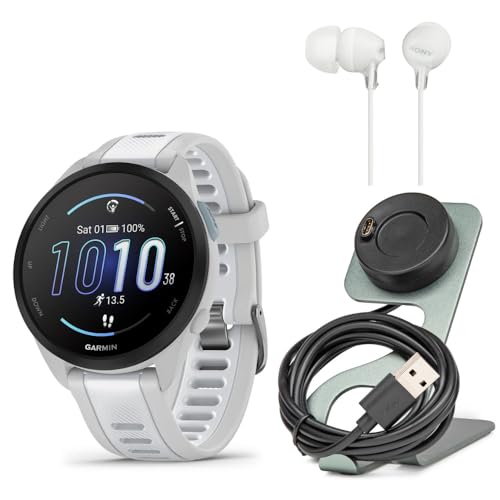 Garmin Forerunner 165 Music GPS Running Smartwatch (Mist Gray-Whitestone) Bundle with Focus Camera Charger Stand Smartwatc...