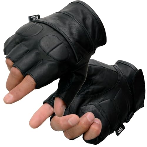 Milwaukee Leather SH462 Men's Black Leather Gel Palm Fingerless Motorcycle Hand Gloves W/Soft and Stylish ‘Knuckle Pads’