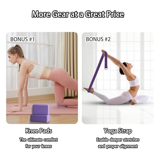 SAMTKA 2 Yoga Blocks Supportive Accessories including 2 Knee Pads, 2 With Strap To Put Less Weight On Wrists, 1 Muscle Mas...