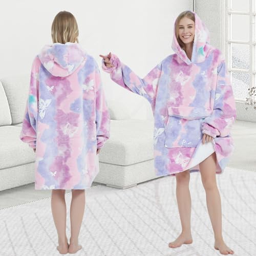 Glow in The Dark Butterfly Wearable Blanket Hoodie for Adult,Oversized Sherpa Fleece Blanket Hoodie for Women,Butterfly