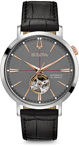 Bulova Men's Classic Aerojet 3-Hand Automatic Leather Strap Watch, Open Aperture, 40-Hour Power Reserve, Double Curved Min...