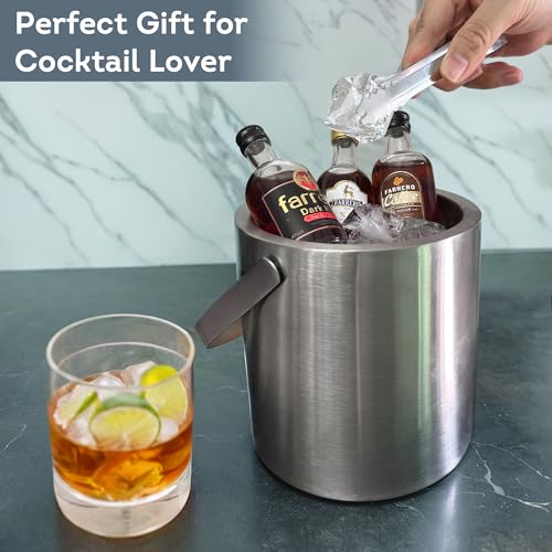 Lily's Home Double Wall Insulated Small Ice Bucket with Bamboo Lid - Stainless Steel Ice Holder with Tongs and Strainer, I...