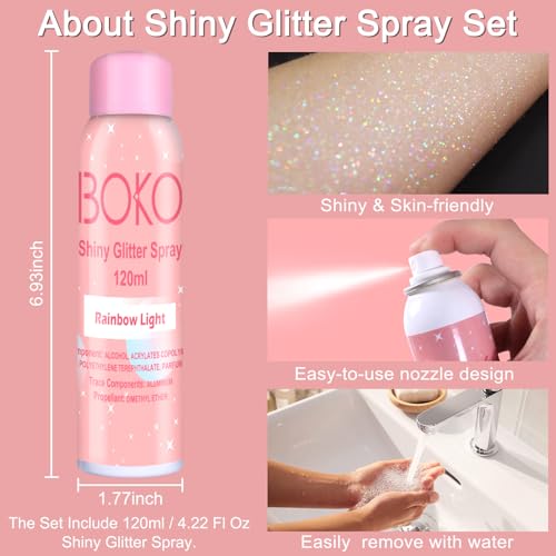 Boko Body Glitter Spray, 120ML Holographic Silver Shiny Glitter Spray for Body Hair Clothes, Quick-Drying and Long-Lasting...