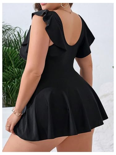 OYOANGLE Women's Plus Size Swimsuit Cover Up Cap Sleeve V Neck Ruffle Swim Dress Coverups