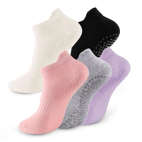 kepiibi 5 Pairs Pilates Socks with Grips for Women Non Slip Grip Yoga Crew Socks for Barre Hospital Barefoot Workout