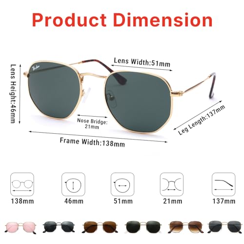 Pro Acme Small Square Sunglasses for Women Men 100% Real Glass Lens Hexagonal Frame