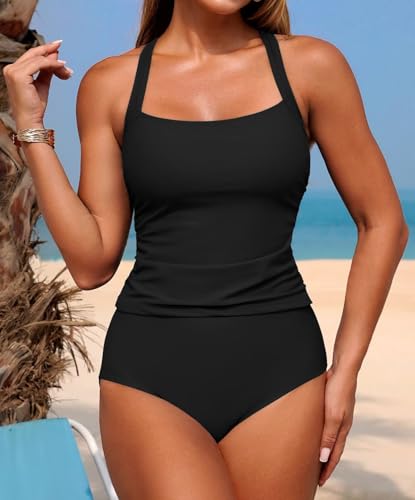 ZAFUL Women's Tankini Swimsuits Tummy Control Swimwear Two Piece Bathing Suits Swim Top with High Waisted Bottom