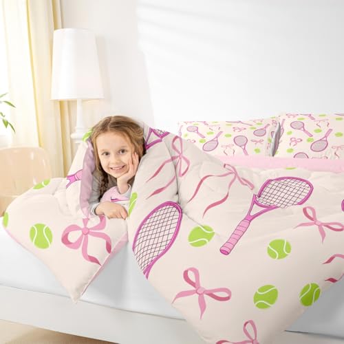 Tennis Kids Queen Comforter Sets,Girls Sport Cute Bowknot Reversible Bedding Set for Boys Teens,Outdoor Sport Ball Game Qu...