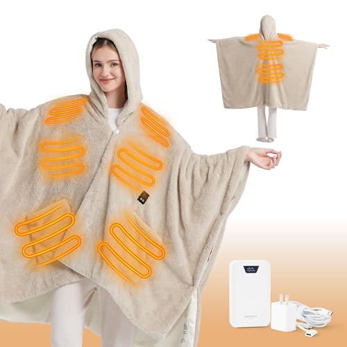 Bedsure Cordless Wearable Heated Blanket - Fluffy Electric Blanket Hoodie with 20000mAh Battery Pack, Portable USB Heated ...
