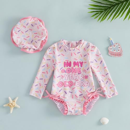 Beautooly Birthday Girl Swimsuit Rash Guard Letter Print Long Sleeve Crew Neck Bathing Suit with Swim Cap