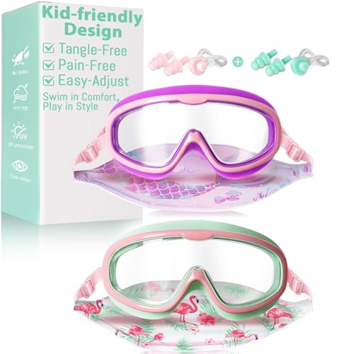 Pixel Panda 2 Pack Kids Swim Goggles with Fabric Strap for 6-14, Anti-Fog Anti-UV No Hair Pulling Wide View Swimming Goggles