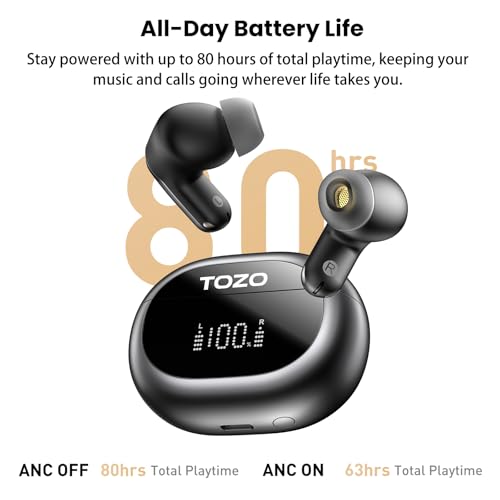 TOZO NC20 Active Noise Cancelling Wireless Earbuds, LDAC Hi-Res Sound Bluetooth Headphones, 6 Mics AI Call Ear Buds 80H Pl...