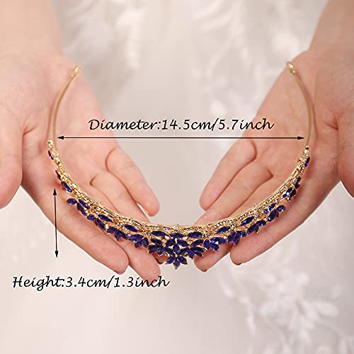 JWICOS Rhinestones Navy Blue Crystal Leaves Tiara and Crown Bridal Headband Tiara Headdress for Wedding/Christmas/Photogra...