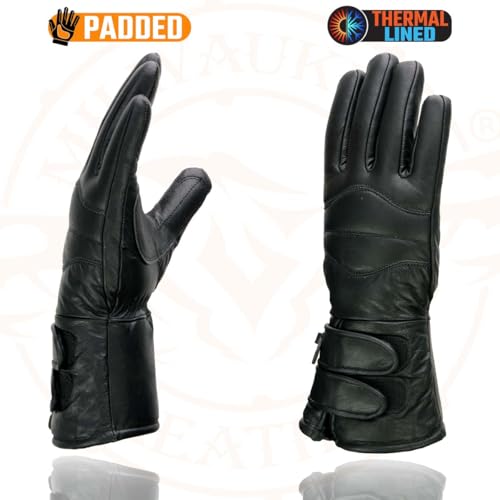 Milwaukee Leather SH233 Men's Black Leather Warm Lining Gauntlet Motorcycle Hand Gloves W/Double Strap Cuff Pull-on Closure