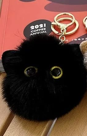 TVRTFQ Cute Cat Head Plush Keychains Black Cat Pom Pom Keychain Creative Animal Car Keychain Mini Cartoon Kawaii Backpack Pendant Birthday Fashion Gift for Women (1, Black)