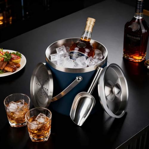 3L Double-Wall Insulated Stainless Steel Ice Bucket with scoop for Cocktail Bar - Metal Ice Bucket for freezer with Lid fo...