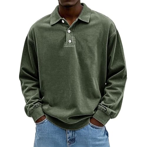 Men's Vintage Rugby Polo Shirt Long Sleeve Collared Thermal Pullover for Casual Work & Golf
