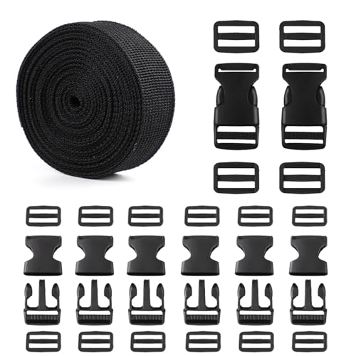 Strap and Buckles kit - 18 ft Nylon Webbing 1 inch wide, 8 Pack Quick Release Buckle, 16 pieces Tri-Glide Slide Clips, Bla...