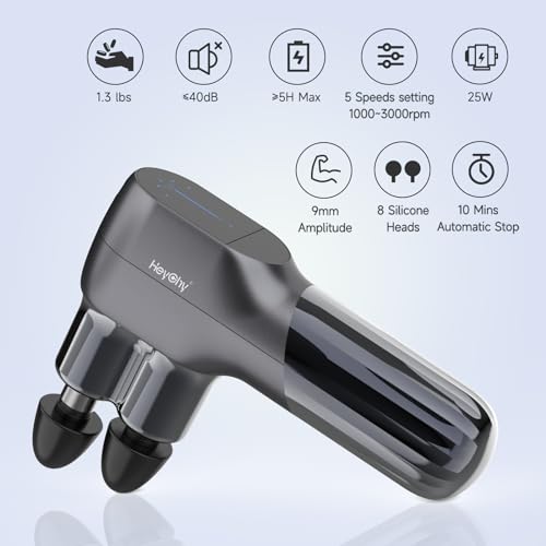 HEYCHY Mini Massage Gun - Deep Tissue Percussion Massager with Dual Heads, 5 Speed Levels & 4 Attachments, Portable Handhe...