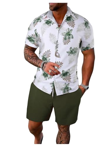 GORGLITTER Men's Hawaiian Matching Set Summer Beach 2 Piece Outfits Flower Button Down Shirts and Shorts Set