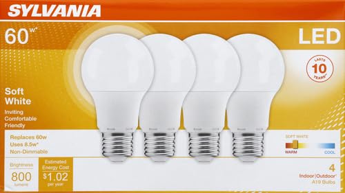 Ledvance Sylvania Led A19 Light Bulb, 60W Equivalent, Soft White, 8.5W, 4 Pack, Medium Base, Model 73888