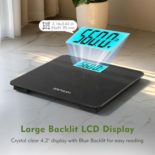 ZOETOUCH 560lbs Bathroom Scale for Body Weight Over 500 lbs, Accurate Digital Weighing Machine with Wide Platform 12.2" x ...