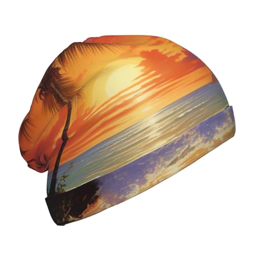 Tropical Sunset Print Beanie Hat Soft Thermal Cap Winter Headwear for Cold Indoor Outdoor Activities Black