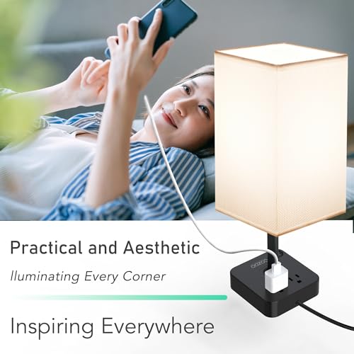 Cozoo Usb Bedside Table & Desk Lamp, 3 Usb Ports, 2 Outlets, Large White Fabric Shade, Model Mc003