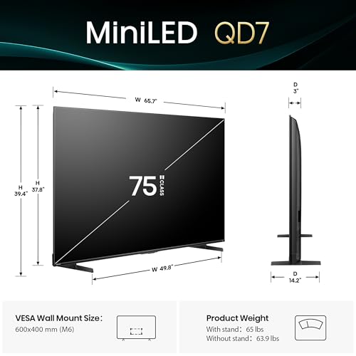 Hisense 75" QD7 Mini-LED 4K Smart Fire TV - QLED, 144Hz, HDR10+, Dolby Vision/Atmos, Game Mode Pro, Alexa Built-in (75QD7QF)