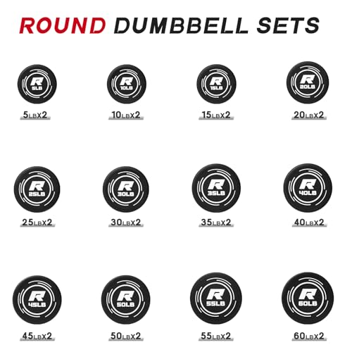 RitFit 5-250 LBS PVC Encased Round Dumbbell sets with Knurled Handle and Optional Rack, Strength Training Equipment for Ho...