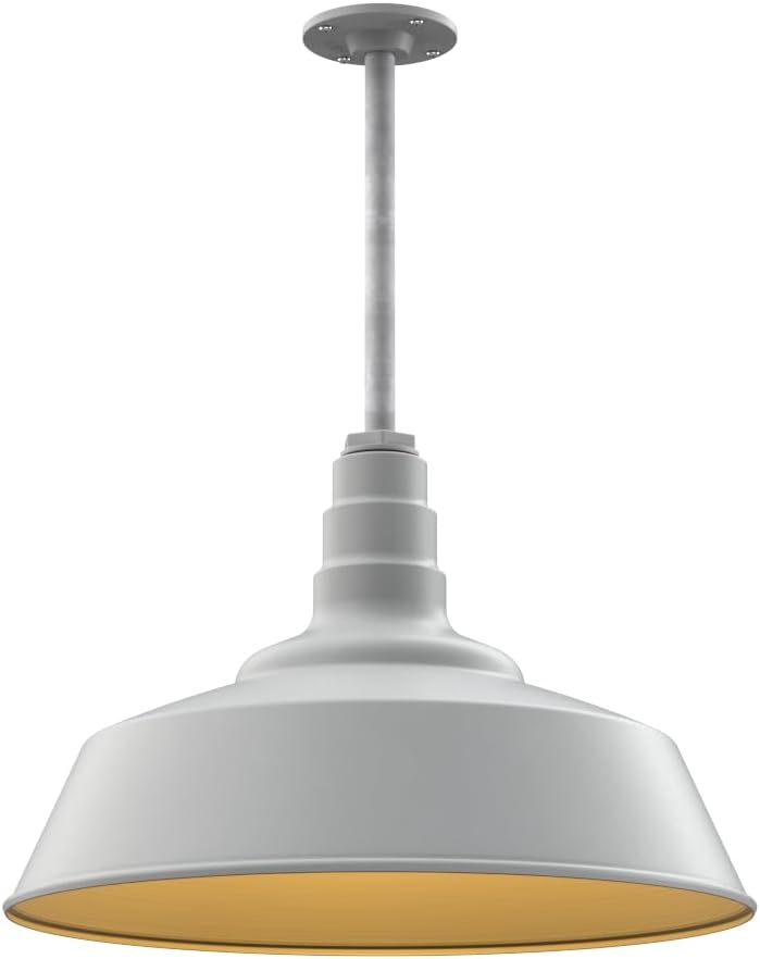Steel Lighting Co. Manhattan Warehouse Light | Ceiling Mounted Pendant | 20 inch Dome | 12" Galvanized Stem | Large Steel Barn Light Made in America | Modern Gray Exterior/Brass Interior