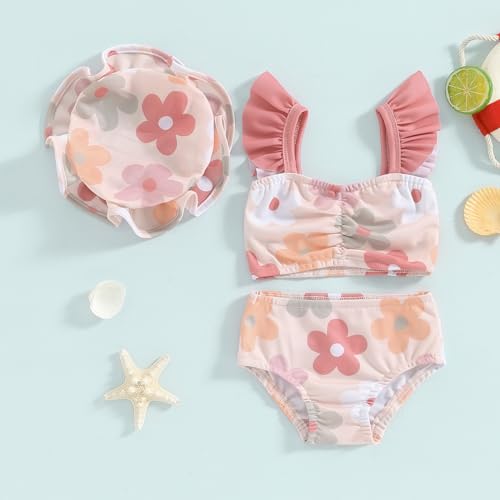 Xiaodriceee Toddler Baby Girl Two Piece Swimsuit Floral Print Fly Sleeve Tankini Bathing Suit Beach Swimwear Bikini