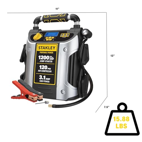 Stanley J5C09D 1200 Peak Amp Automotive Jump Starter, Portable Power – 2.1A/10W USB Port, 120 PSI Air Compressor