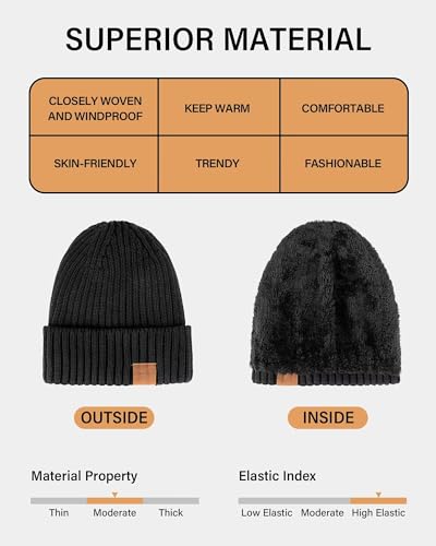 Nertpow Mens Beanie Hats 3 Pack, Winter Hats for Men Women Warm Thermal Fleece Lined, Thick Knit Fashion Skull Cap for Guys