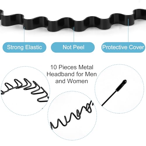 fenshine 6PCS Metal Hair Bands, Spring Wavy Hoop Unisex Black Headband Slicked Back Non Slip Sports Hairband for Women Men…