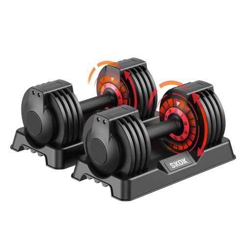 SKOK 25lbs Pair Adjustable Dumbbells Set, Adjustable Weights Dumbbells Set for Men and Women with Anti-Slip Fast Adjust We...