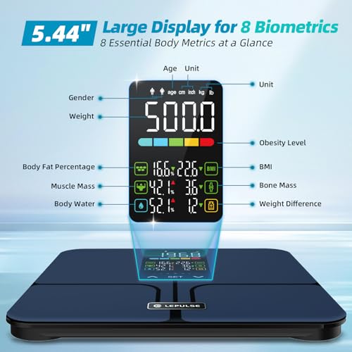 Lepulse No APP Body Fat Scale 500lb Smart Bathroom Scale with 5.44'' Large Backlit Display 8 Body Composition Analyzer, Mo...